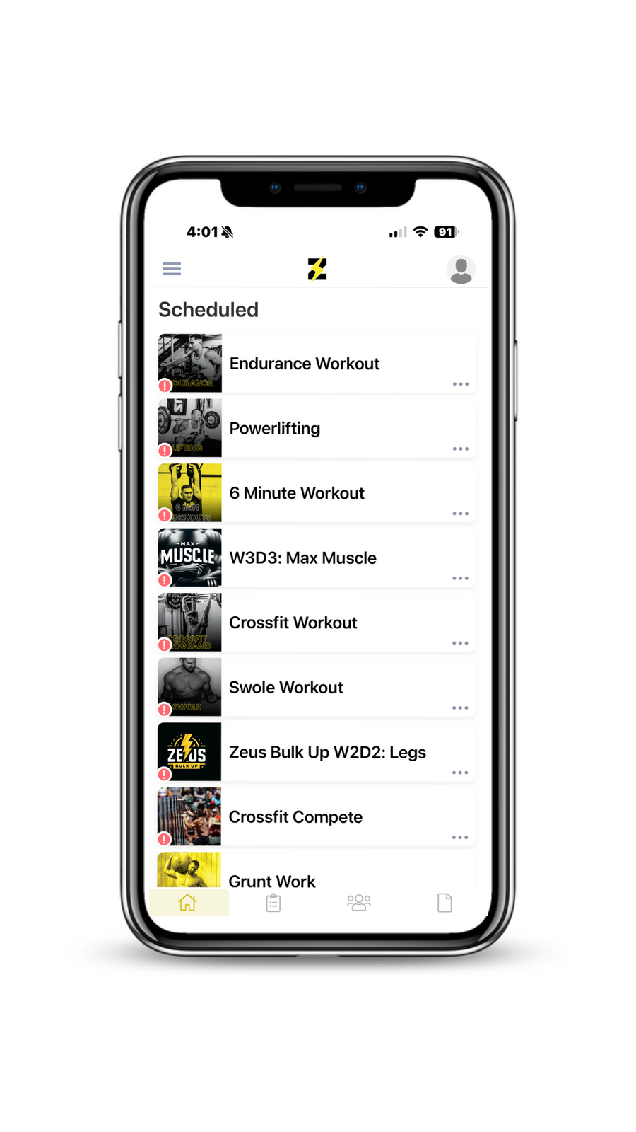 ZEUS Method Training app showing a list of available workouts
